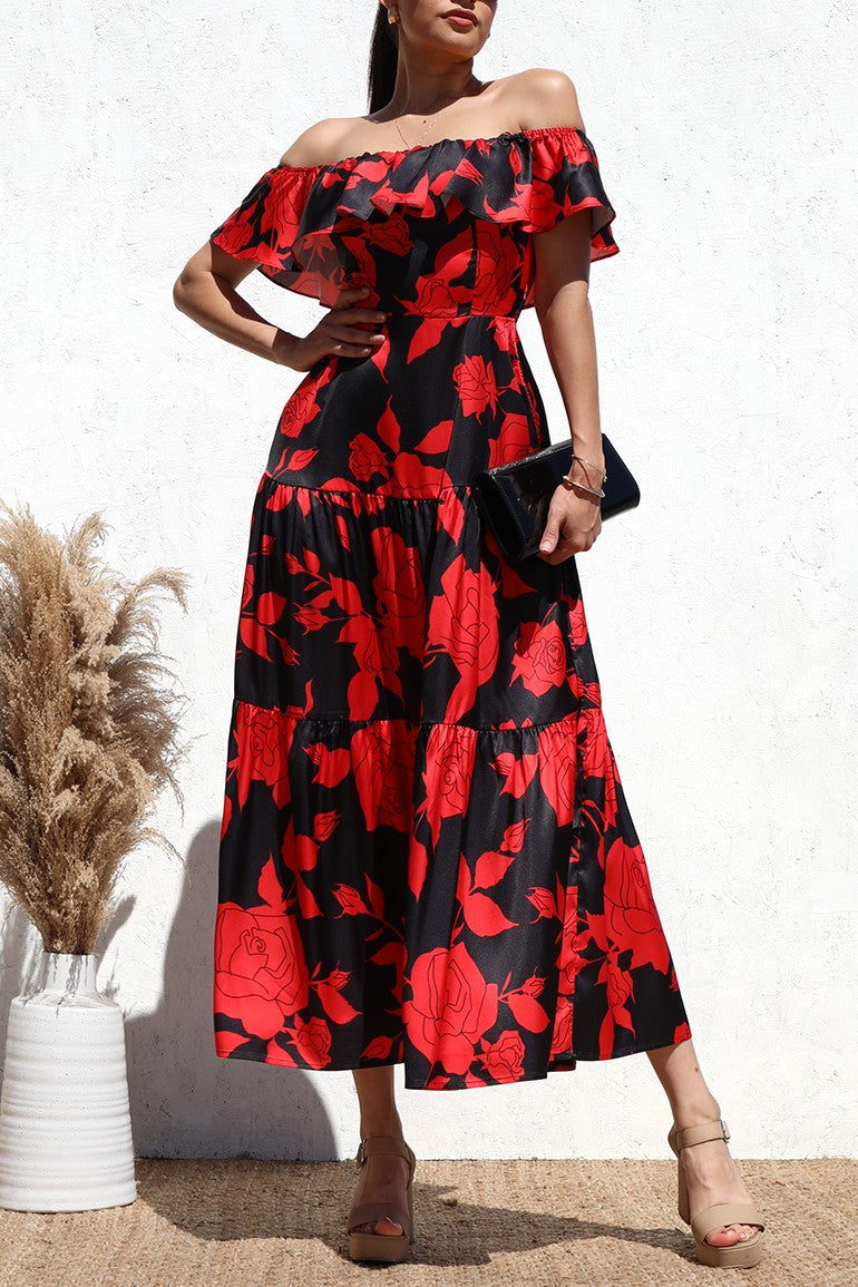 DD5134, PRINTED OFF SHOULDER LONG DRESS