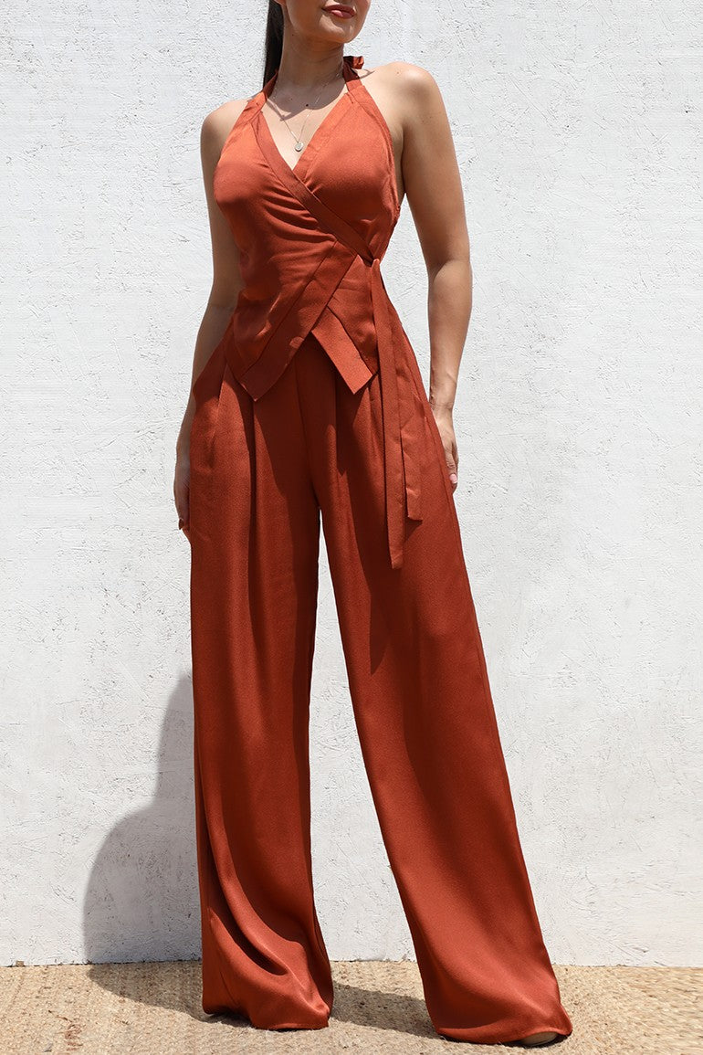 DD5174, LOOSE FIT WRAP TOP AND SATIN PANT SET