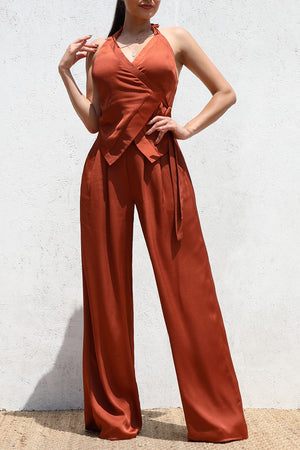 DD5174, LOOSE FIT WRAP TOP AND SATIN PANT SET