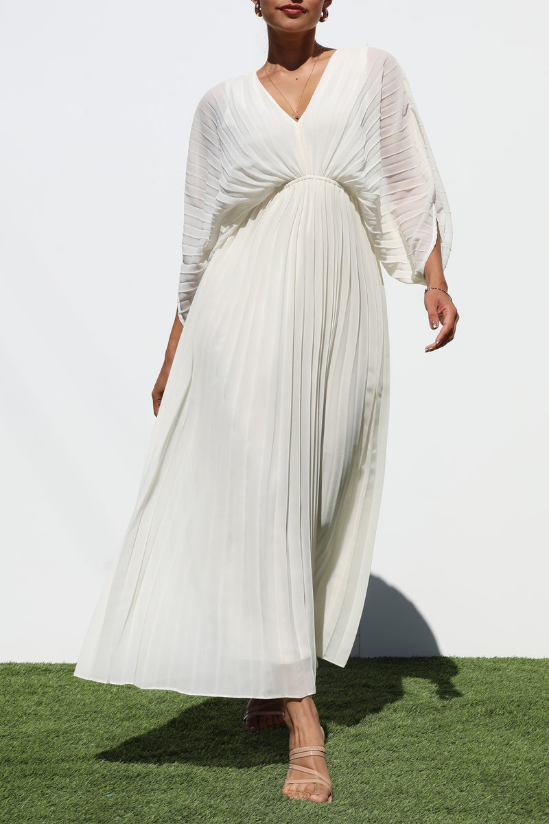 DD6163, PLEATED V NECK WOVEN LONG DRESS