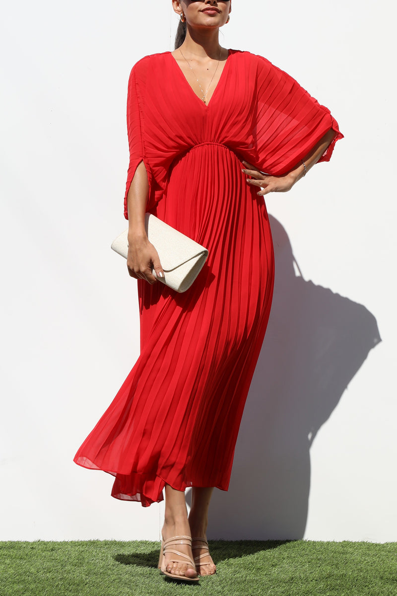 DD6163, PLEATED V NECK WOVEN LONG DRESS