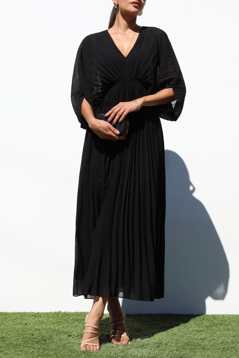 DD6163, PLEATED V NECK WOVEN LONG DRESS