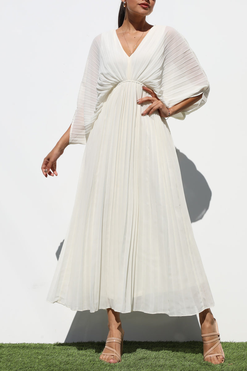 DD6163, PLEATED V NECK WOVEN LONG DRESS