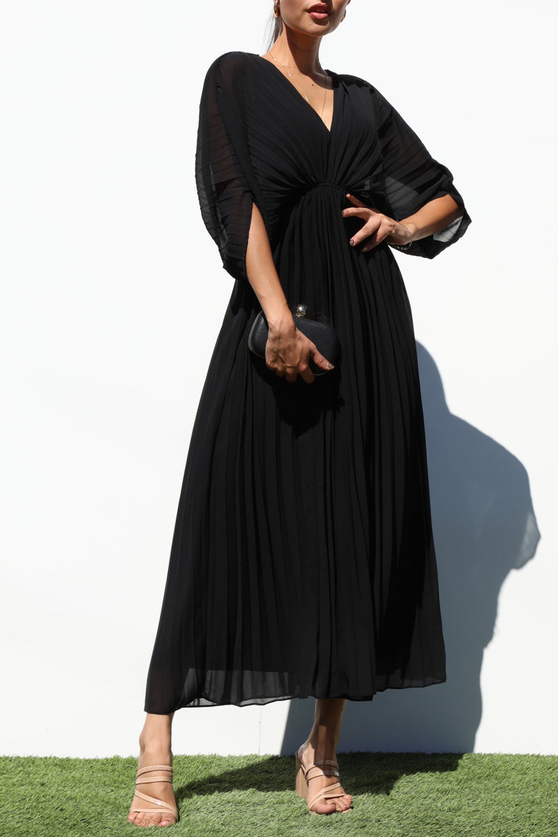 DD6163, PLEATED V NECK WOVEN LONG DRESS
