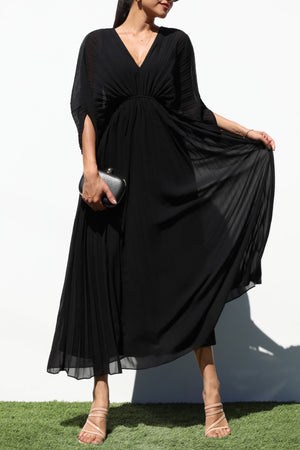 DD6163, PLEATED V NECK WOVEN LONG DRESS