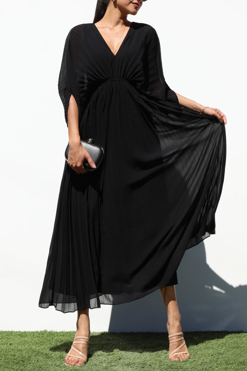 DD6163, PLEATED V NECK WOVEN LONG DRESS