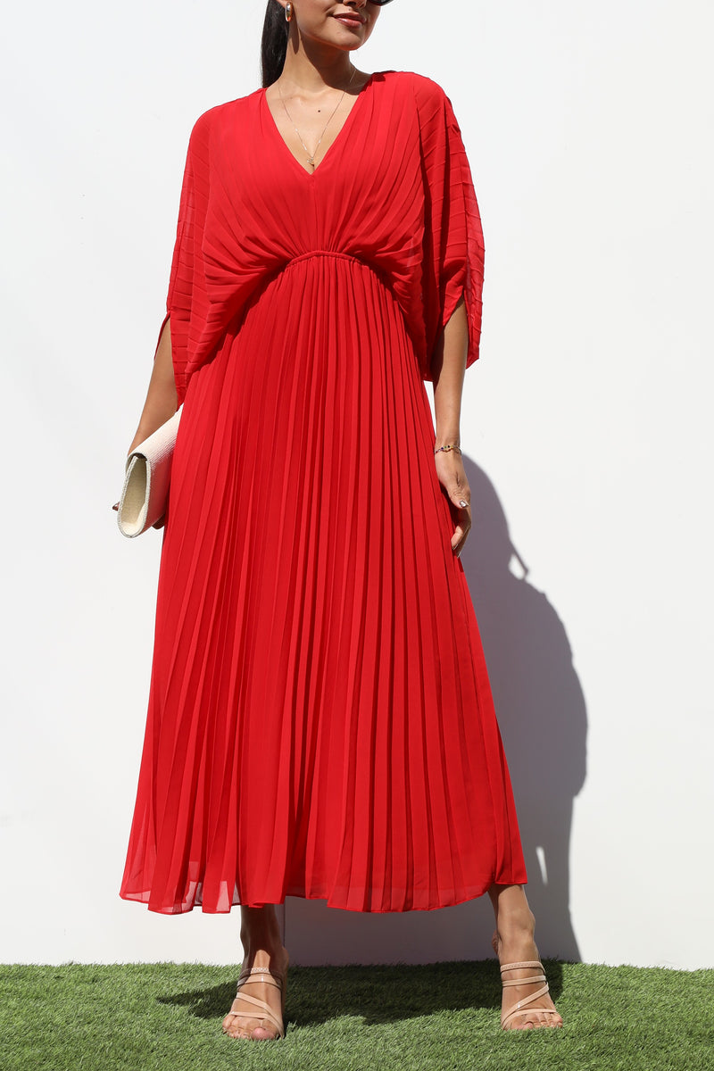DD6163, PLEATED V NECK WOVEN LONG DRESS