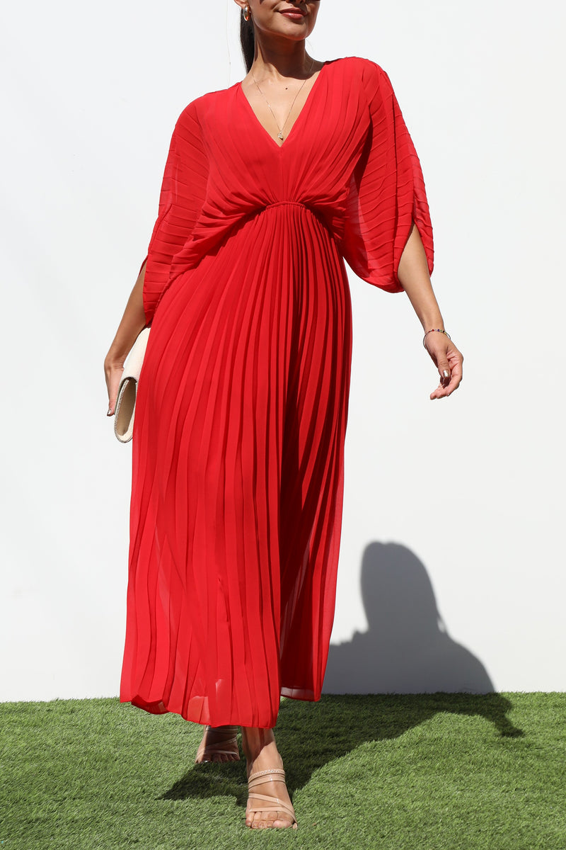 DD6163, PLEATED V NECK WOVEN LONG DRESS