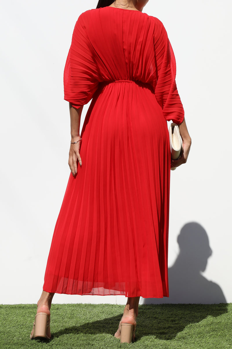 DD6163, PLEATED V NECK WOVEN LONG DRESS