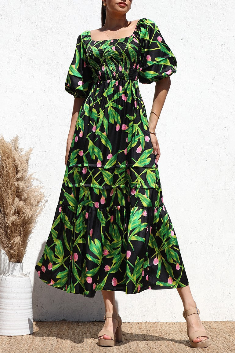 DD6328, PRINTED SMOCKED TOP SATIN LONG DRESS