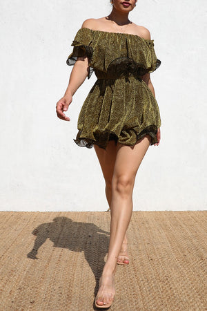 DD6335, RUFFLED OFF SHOULDER METALLIC ROMPER