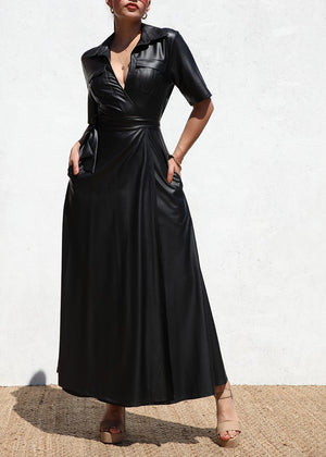 DD6517, WRAP FAUX LEATHER  LONG DRESS