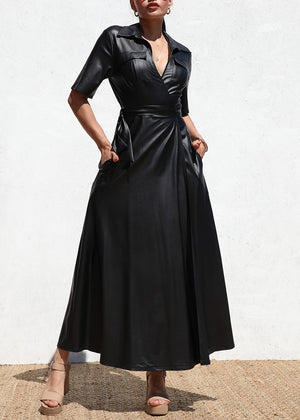 DD6517, WRAP FAUX LEATHER  LONG DRESS