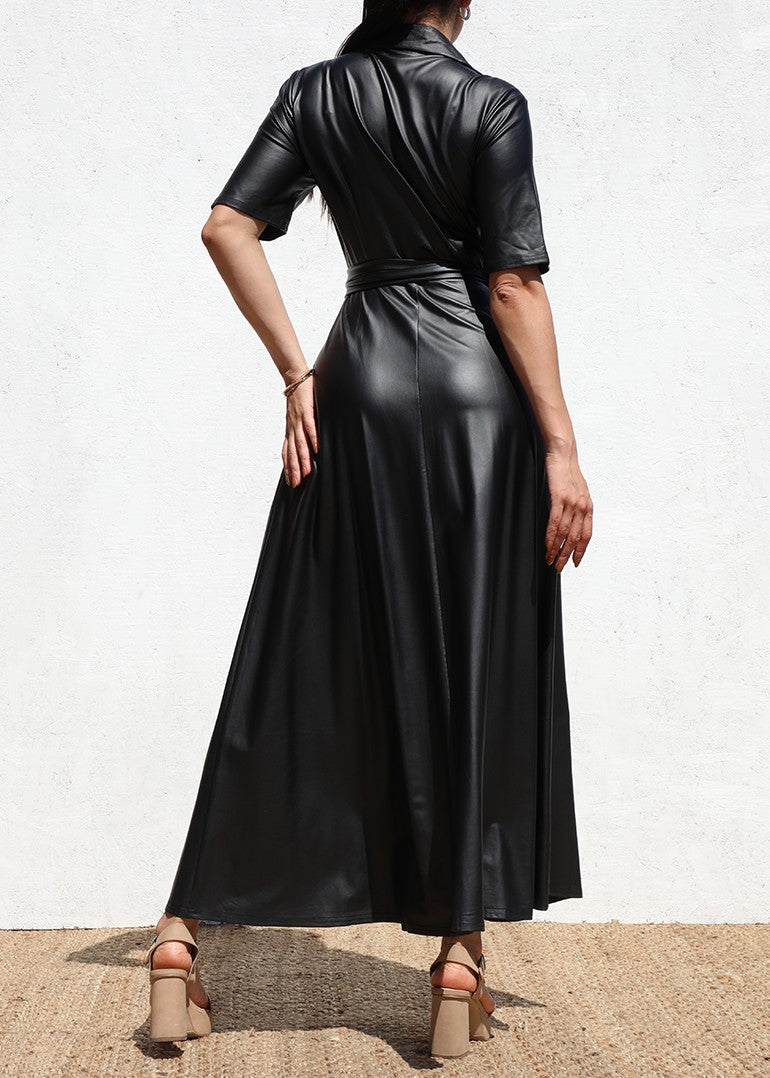 DD6517, WRAP FAUX LEATHER  LONG DRESS