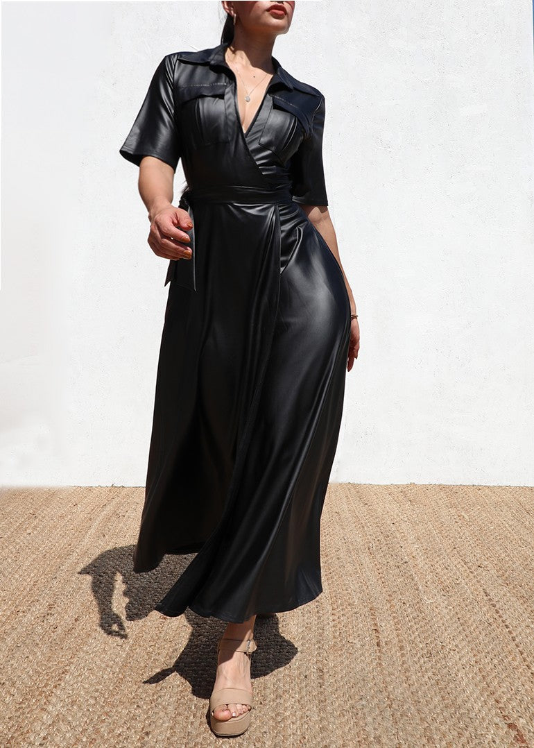 DD6517, WRAP FAUX LEATHER  LONG DRESS