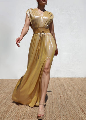 DD5124, METALLIC V NECK MAXI DRESS