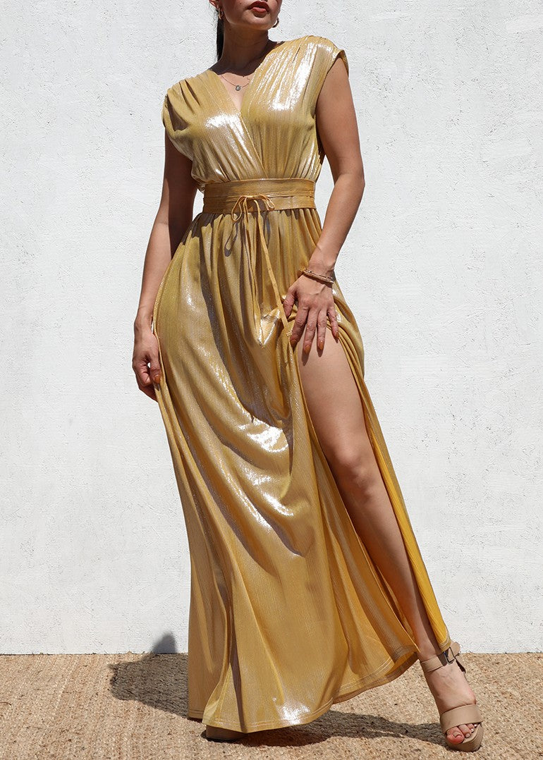 DD5124, METALLIC V NECK MAXI DRESS