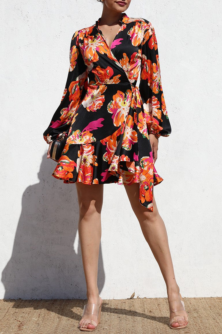 DD6512, PRINTED WRAP SATIN MINI DRESS