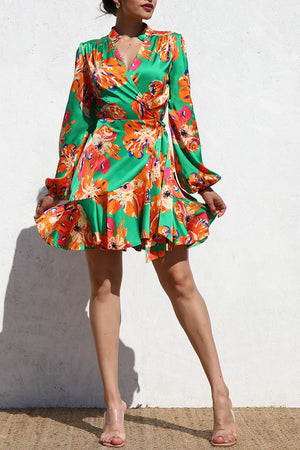 DD6512, PRINTED WRAP SATIN MINI DRESS