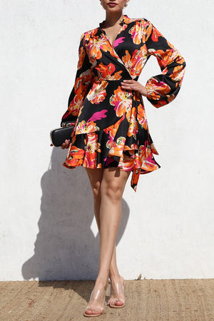 DD6512, PRINTED WRAP SATIN MINI DRESS