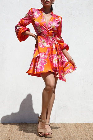 DD6512, PRINTED WRAP SATIN MINI DRESS