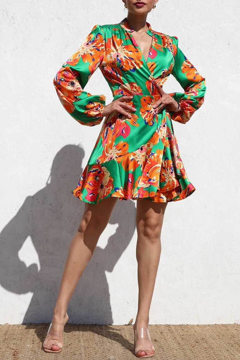 DD6512, PRINTED WRAP SATIN MINI DRESS