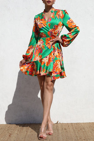 DD6512, PRINTED WRAP SATIN MINI DRESS