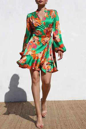 DD6512, PRINTED WRAP SATIN MINI DRESS