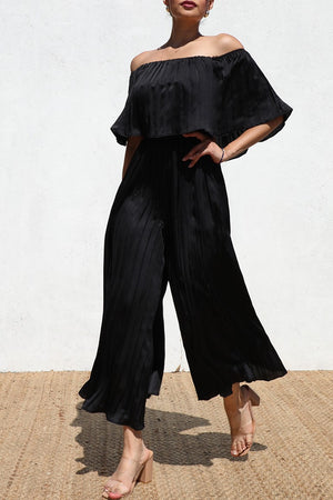 DD6413, PLEATTED OFF SHOULDER SATIN JUMPSUIT