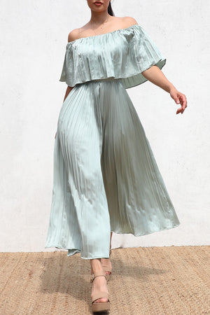 DD6413, PLEATTED OFF SHOULDER SATIN JUMPSUIT