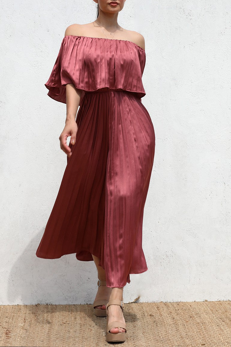 DD6413, PLEATTED OFF SHOULDER SATIN JUMPSUIT