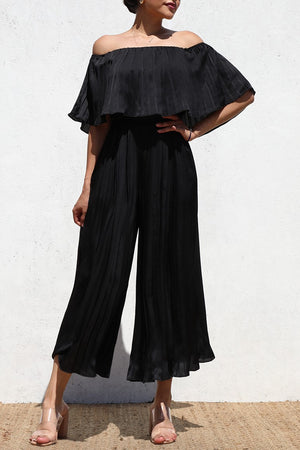 DD6413, PLEATTED OFF SHOULDER SATIN JUMPSUIT