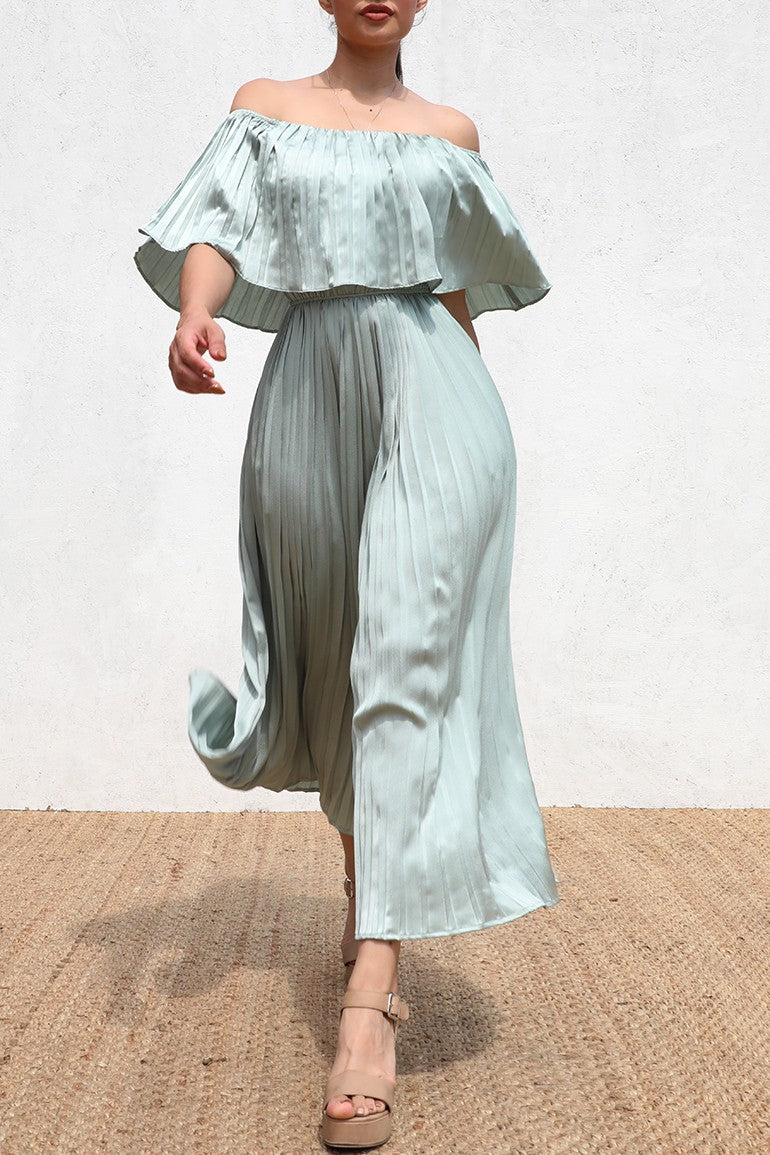 DD6413, PLEATTED OFF SHOULDER SATIN JUMPSUIT