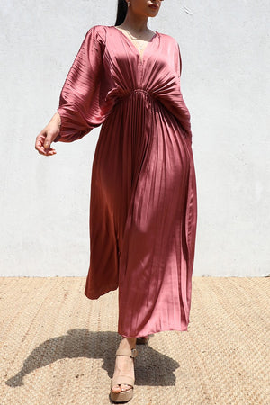 DD4923, PLEATED V NECK SATIN LONG DRESS