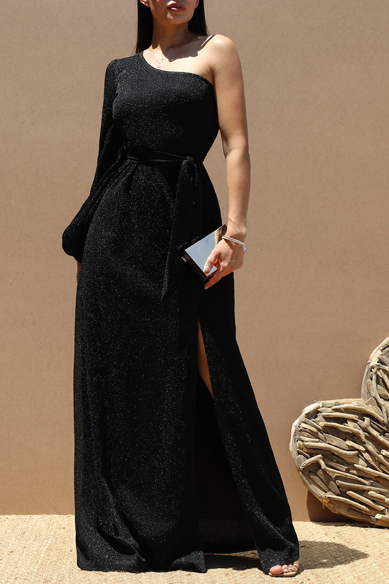 DD6515, ONE SHOULDER LUREX KNIT MAXI DRESS