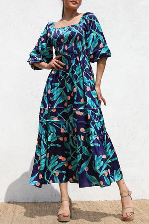 DD6328, PRINTED SMOCKED TOP SATIN LONG DRESS