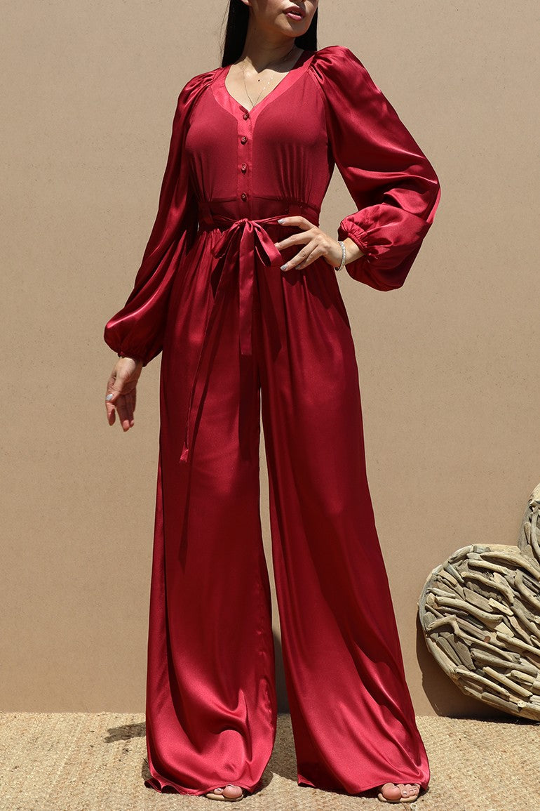 DD6509, BUTTON DOWN SATIN JUMPSUIT