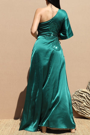 DD6522, ONE SHOULDER SATIN MAXI DRESS