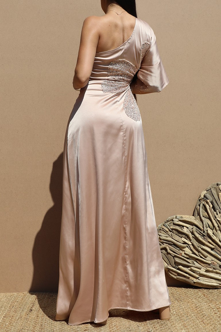 DD6522, ONE SHOULDER SATIN MAXI DRESS