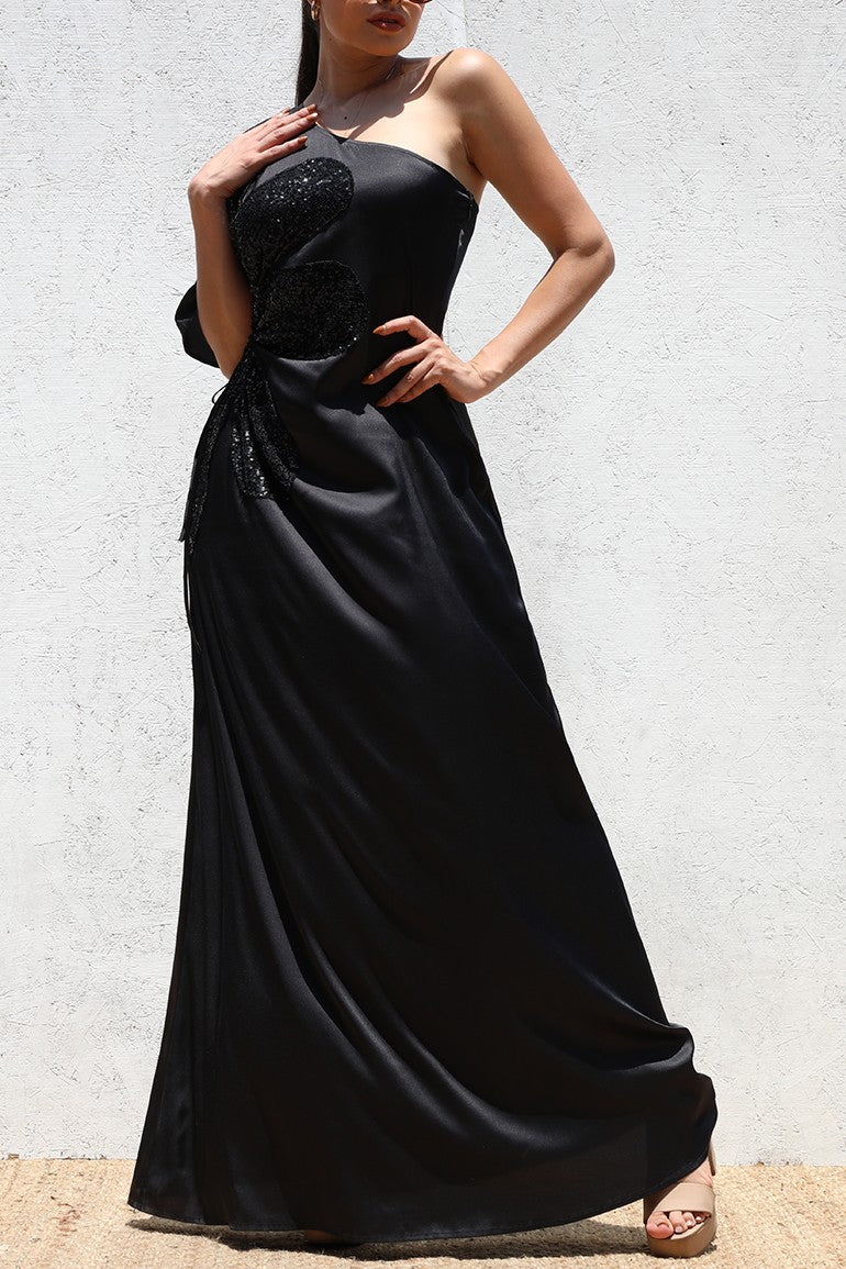 DD6522, ONE SHOULDER SATIN MAXI DRESS