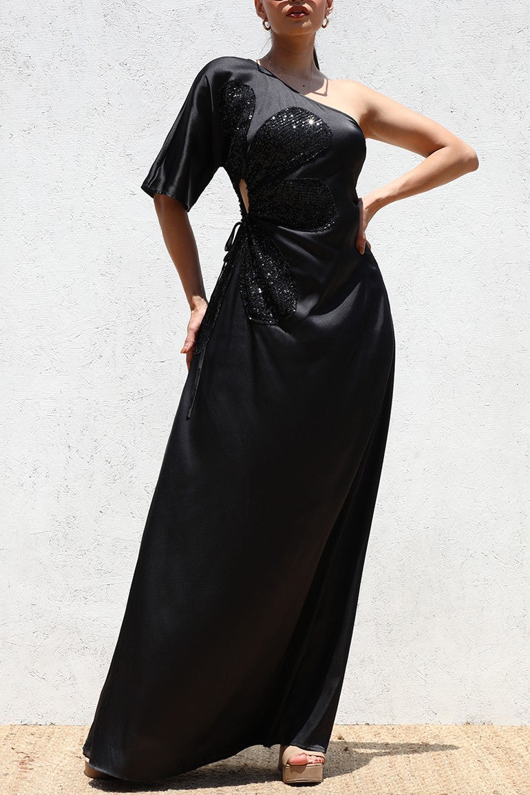 DD6522, ONE SHOULDER SATIN MAXI DRESS