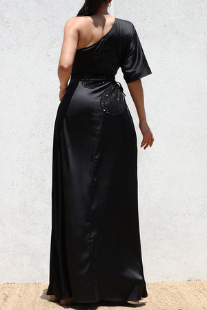 DD6522, ONE SHOULDER SATIN MAXI DRESS