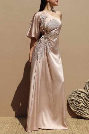 DD6522, ONE SHOULDER SATIN MAXI DRESS