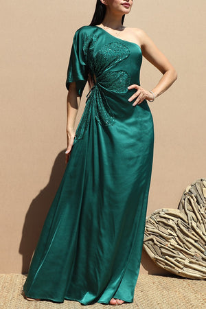 DD6522, ONE SHOULDER SATIN MAXI DRESS