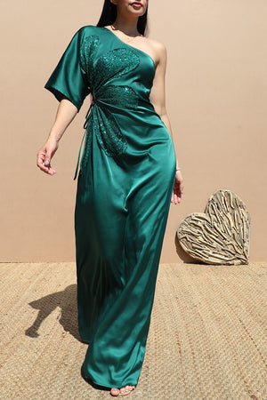 DD6522, ONE SHOULDER SATIN MAXI DRESS