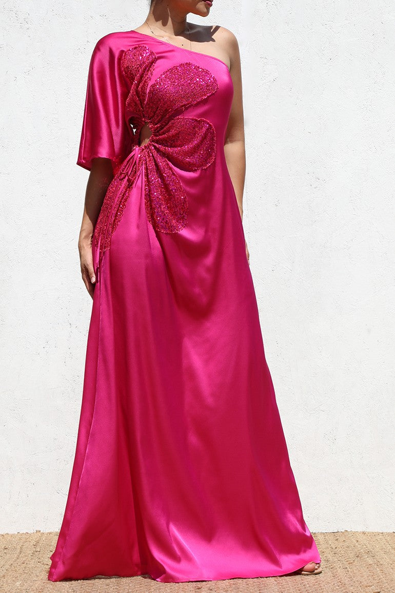 DD6522, ONE SHOULDER SATIN MAXI DRESS