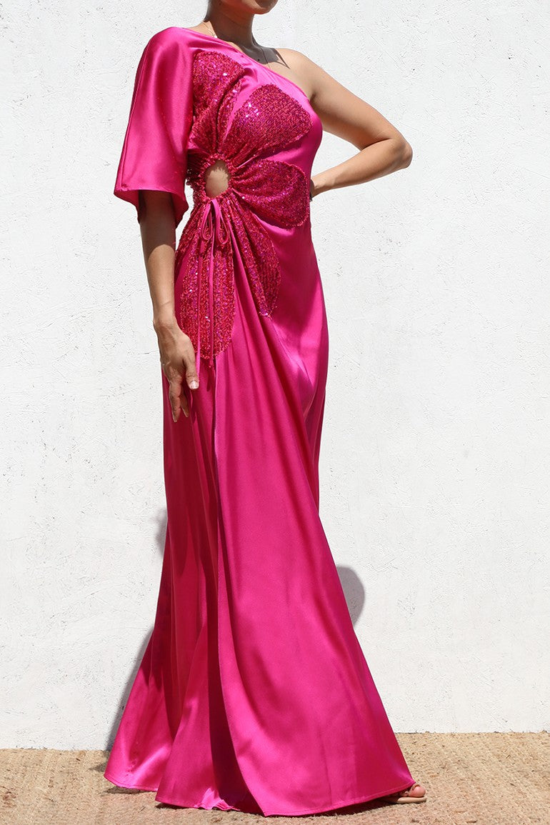 DD6522, ONE SHOULDER SATIN MAXI DRESS