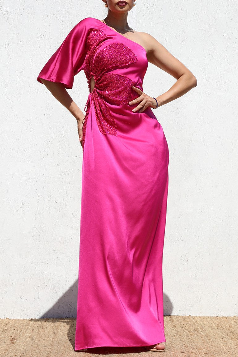 DD6522, ONE SHOULDER SATIN MAXI DRESS