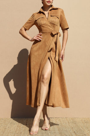 DD7679, SUEDE WRAP MIDI DRESS