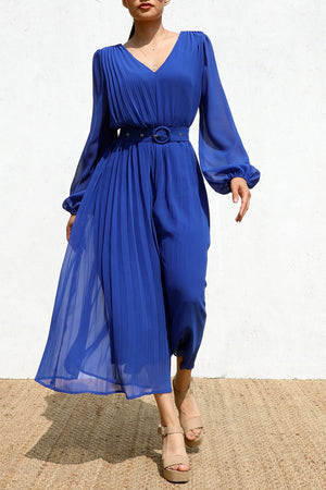 DD6281, PLEATED V NECK WOVEN JUMPSUIT